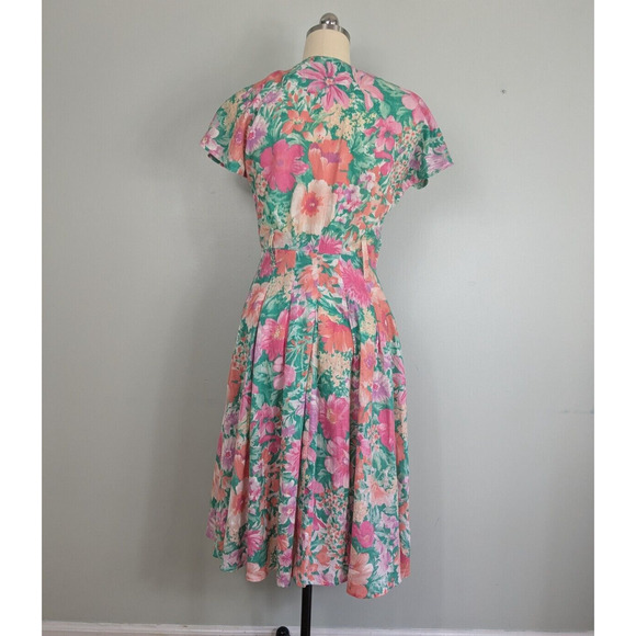 Vintage Midi Dress Fit Flare Floral 80s 90s Housewife Retro Pink Green Button 10 - Picture 3 of 16